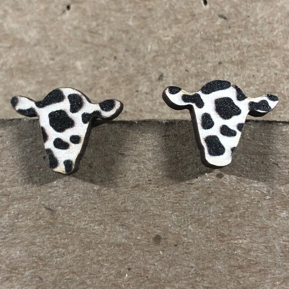 Wooden Cow Stud Earrings NEW - Picture 1 of 3